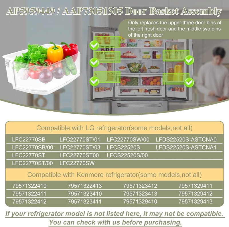 Garsoo حاوية رف الباب AAP73051305، AP5959449 متوافقة مع ثلاجات LG و Kenmore (بعض الطرازات، وليس كلها): LFCS22520S، LFC22770ST، LFC22770SW، LFC22770SB وغيرها، سلة باب بديلة PS11700735، EAP11700735 - Image 3